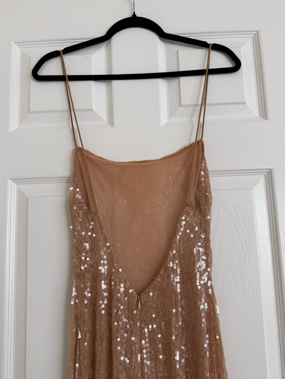 Retrofete Odessa Sequin Ostrich Feather Trimmed Sheer Gown Maxi Dress Tannin - Picture 8 of 16